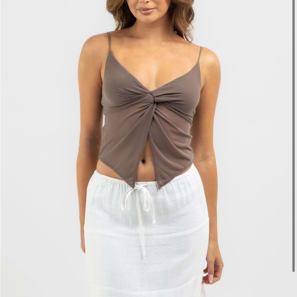 Ava and Ever Sammy Mesh Brown Knot Front Cami Top